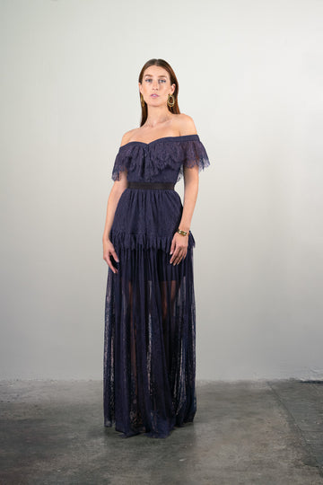Off-shoulder Fine Lace Maxi Dress