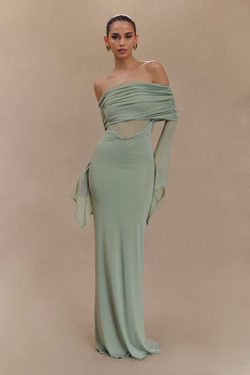 One Shoulder Slinky And Mesh Maxi Dress