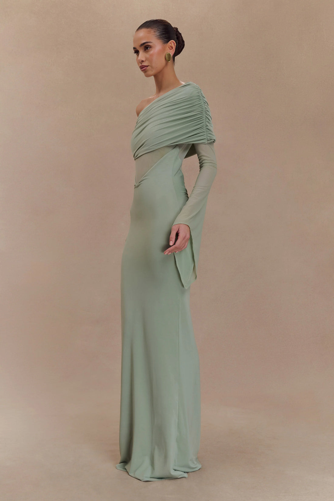One Shoulder Slinky And Mesh Maxi Dress