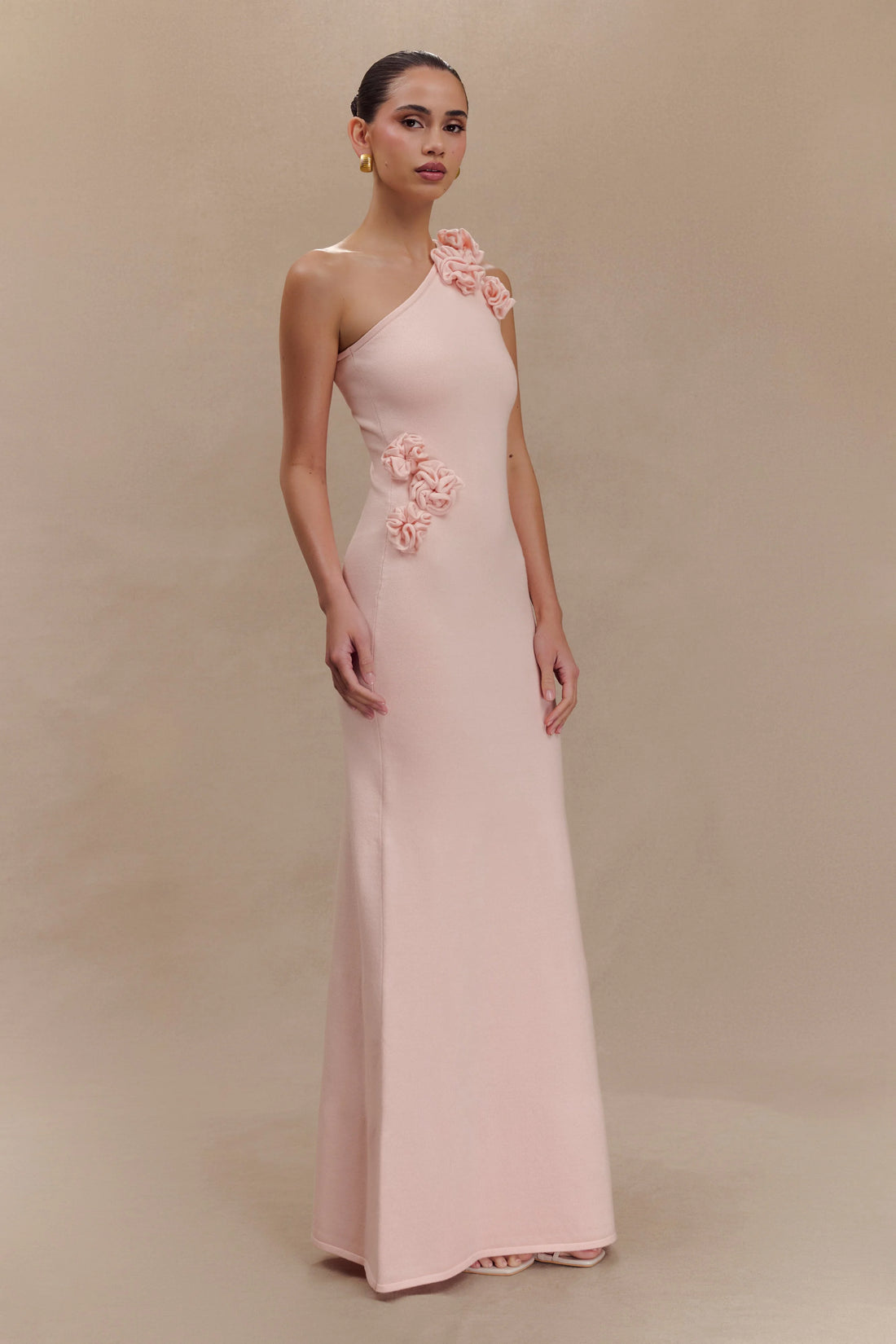 Paloma One Shoulder Knit With Flowers Maxi Dress