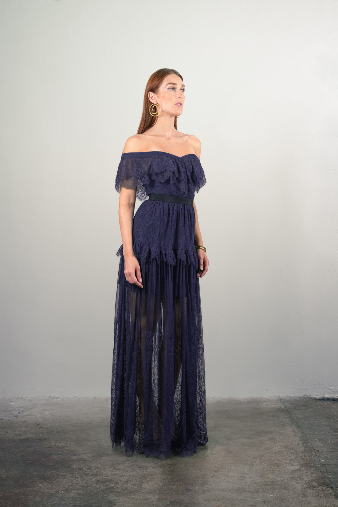 Off-shoulder Fine Lace Maxi Dress